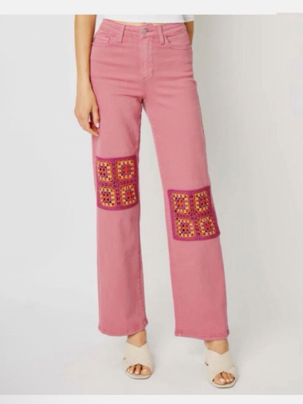 Judy Blue Pink Flare Jeans with Crochet Knee Squares